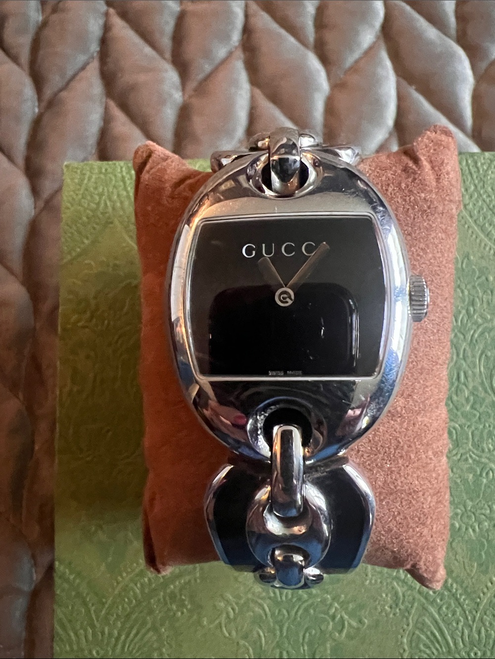 Gucci Silver Link Watch with Black Dial